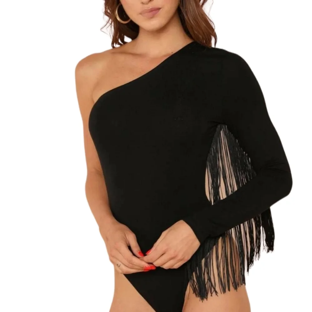 Shein Fringe Trim One Shoulder Bodysuit - Picture 1 of 13